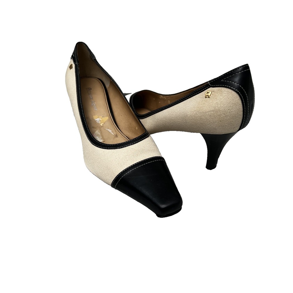 Etienne Aigner Cap Toe Two Tone Leather Pumps Black Cream Sz 9.5M